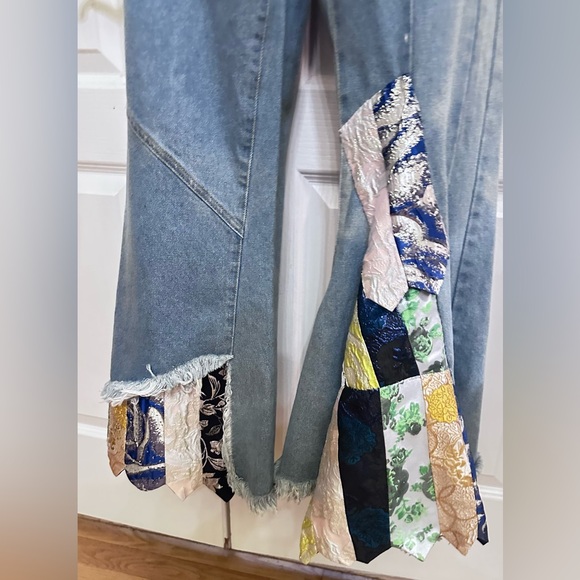 Upcycled two piece Colorful Patchwork brocade Denim and top set size S - Picture 4 of 7